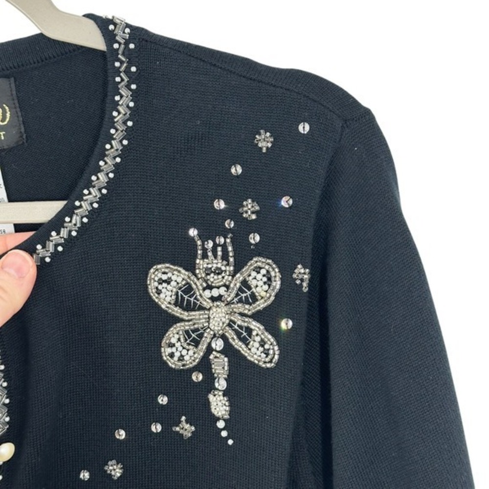 Bob Mackie Wearable Art Black Beaded Dragonfly Cardigan‎ Sweater Pearl Button - Picture 5 of 7